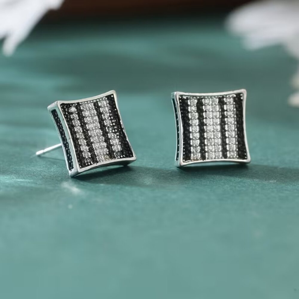 925 Silver Mens 2ct Black Onyx 1ct Diamond Square Stud Earrings Guys New Jewelry